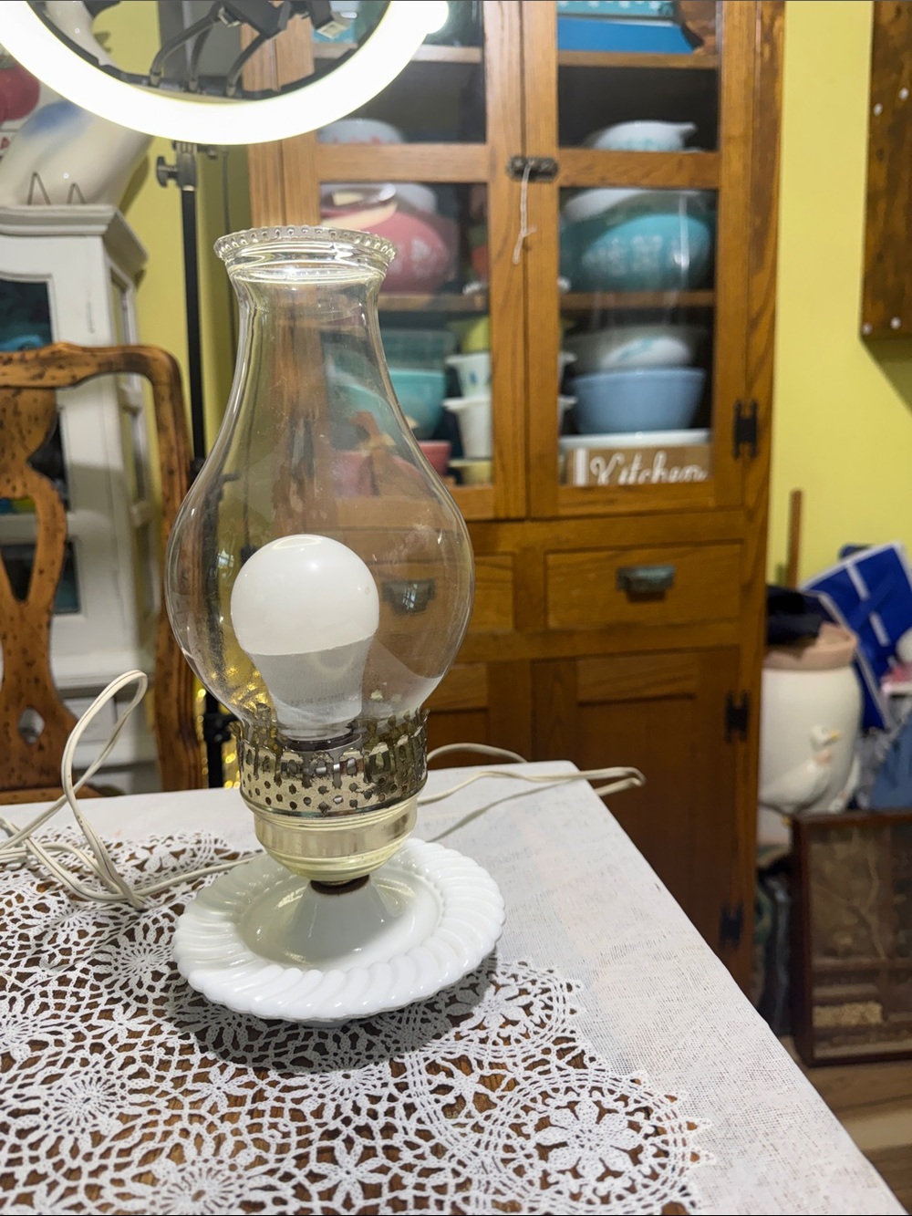 Vintage Milk Glass Hurricane Lamp with Clear Chimney